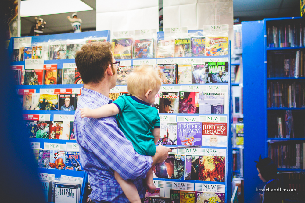 Father and Son in Comic Book Store