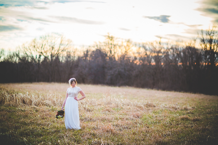 bride in field, wintertime bridals, arkansas wedding photographer, lissachandler.com