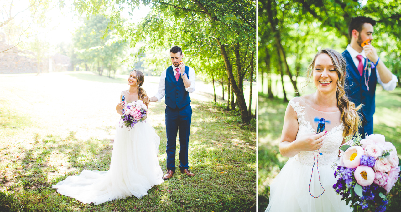 bride and groom use portable fans at summer wedding, july wedding in arkansas 