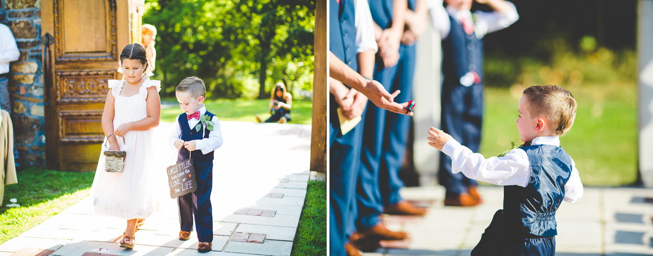 Flower Girl at Ring Bearer walk down aisle at an Arkansas wedding in July 