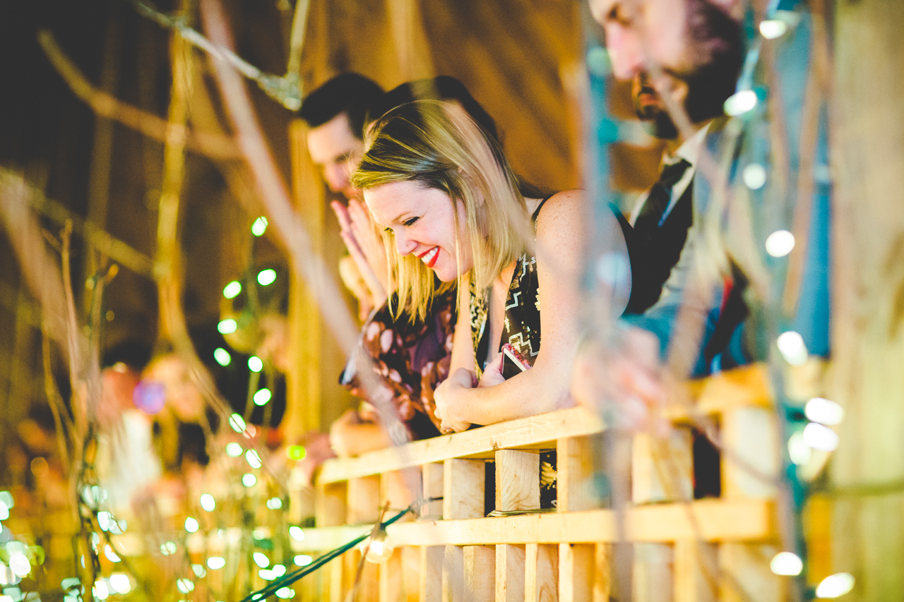 Fayetteville Arkansas Wedding Photographer, Fall Wedding at Pratt Place Barn, Carolyne and Adam-6 Wedding Guest Smiling at Wedding Toasts at Pratt Place Barn | Arkansas Wedding Photographer