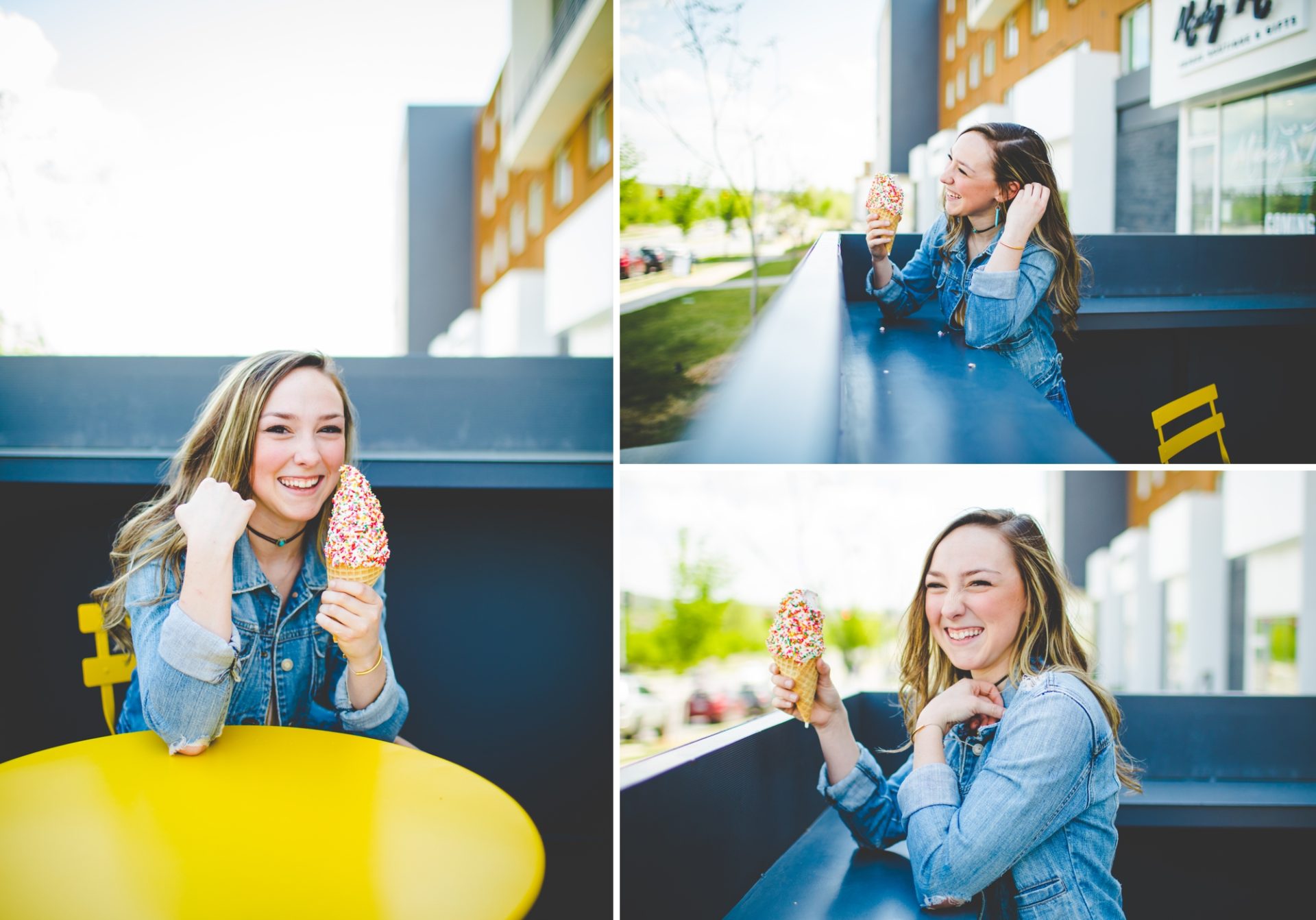 senior photos with ice cream cone, outdoor senior photographs, happy senior photos,