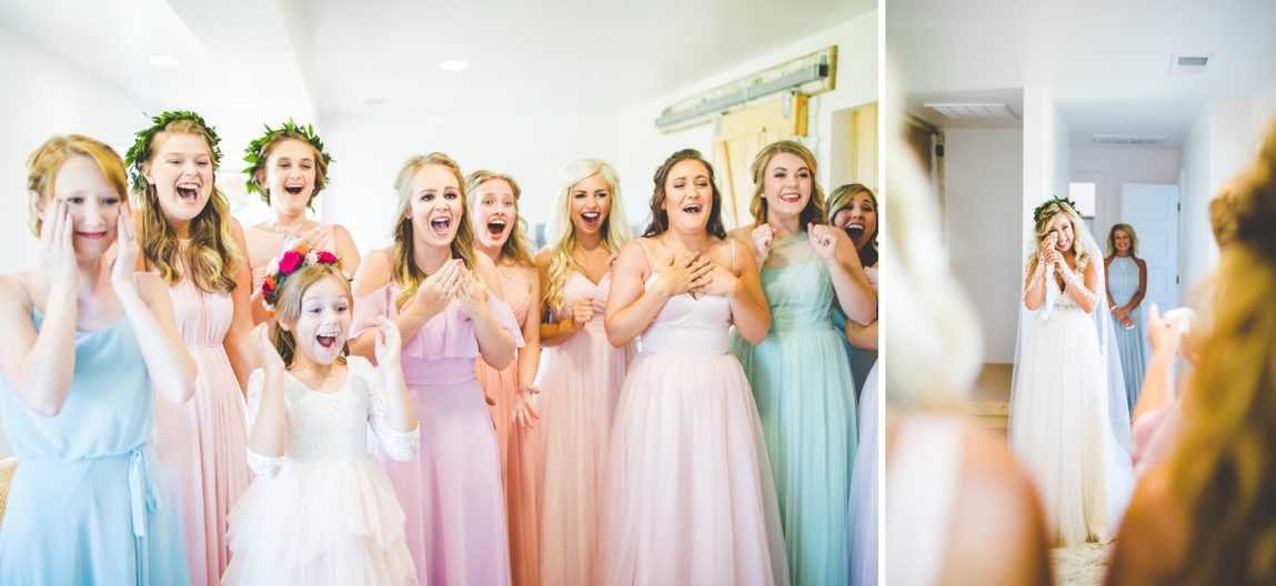 Bridesmaids seeing bride for the first time, Kindred Barn Wedding, Arkansas Wedding Photographer