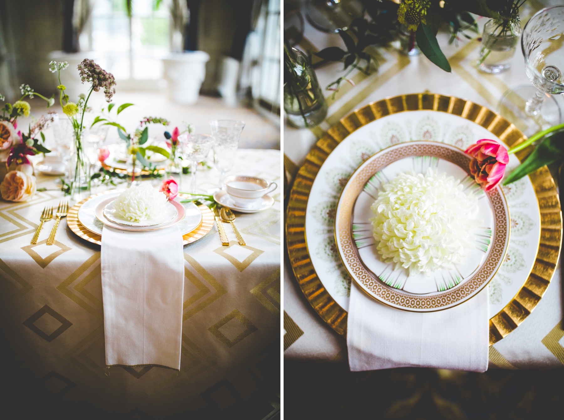 Gold and White Vintage Wedding Tablescape, Nashville TN Wedding at Hermitage Hotel