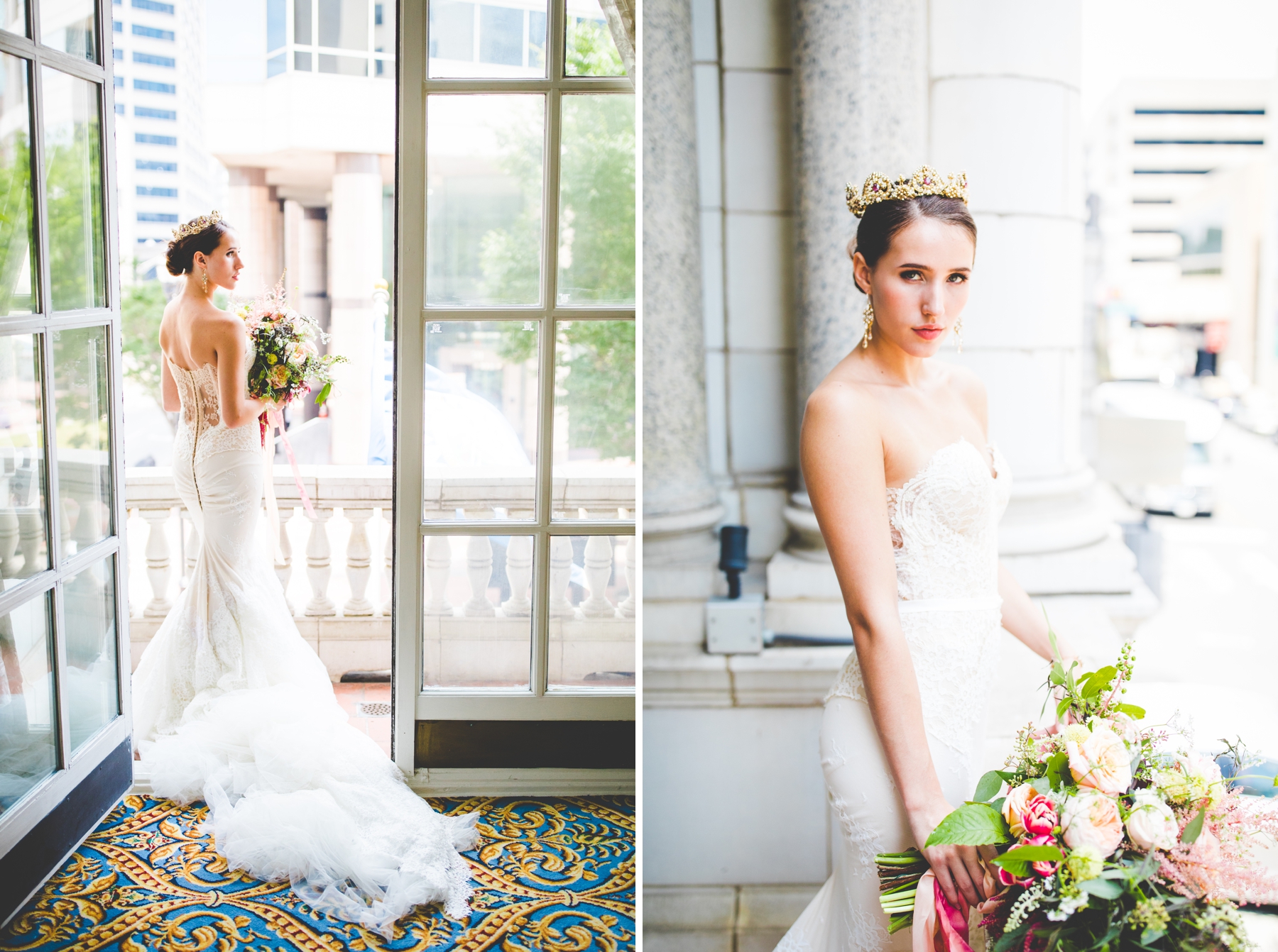 Bridal Portrait of Bride in Doorway, Hermitage Hotel Styled Wedding Shoot, Bride with Crown