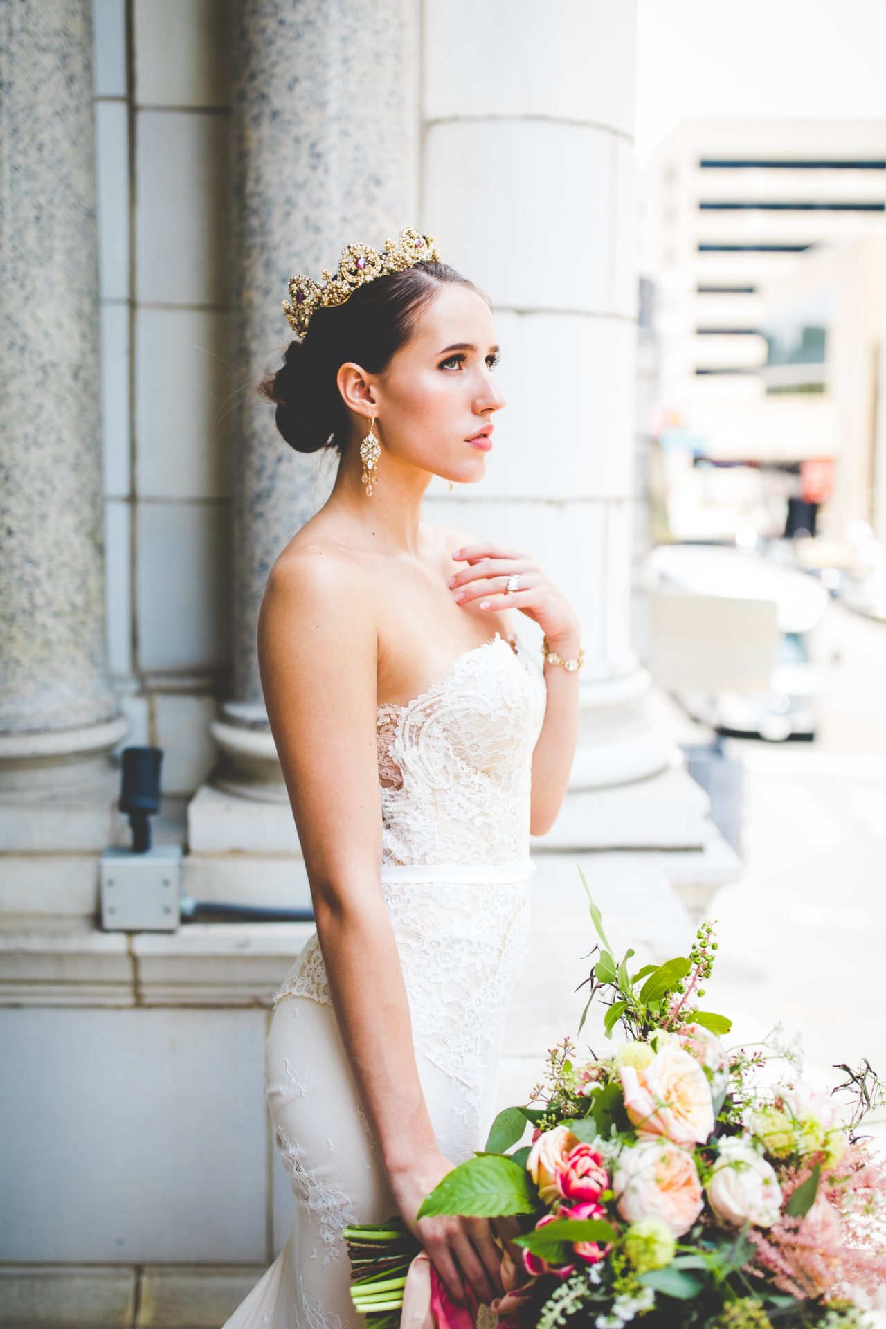 Regal Bridal Portraits in Tennessee, Bridal Portrait of Bride in Doorway, Hermitage Hotel Styled Wedding Shoot