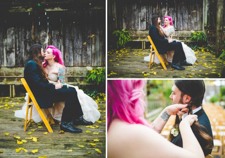 bride braids groom's hair before wedding, unique first look