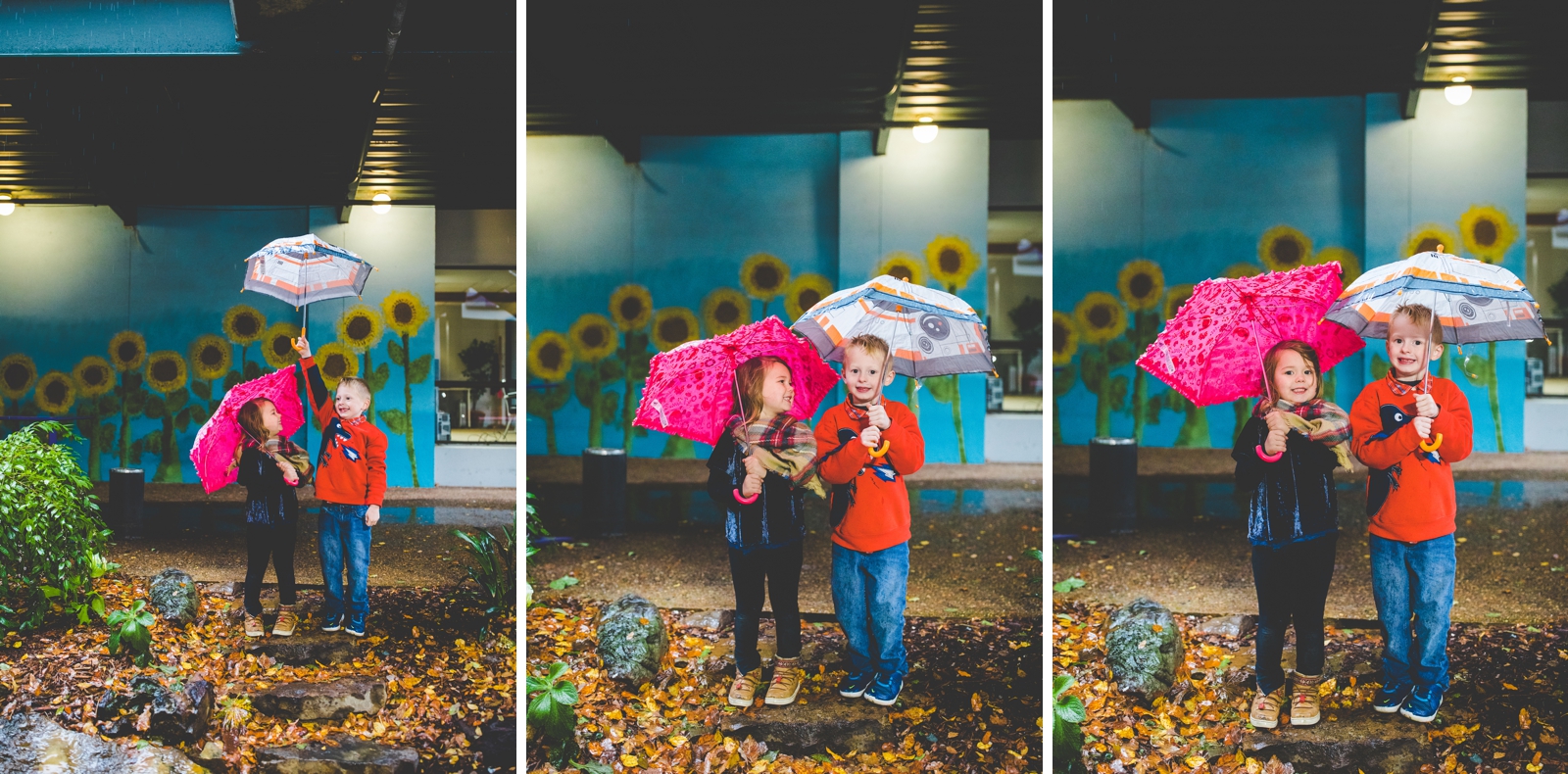 brother and sister hold umbrellas during rainy family photographs, photography by lissa chandler