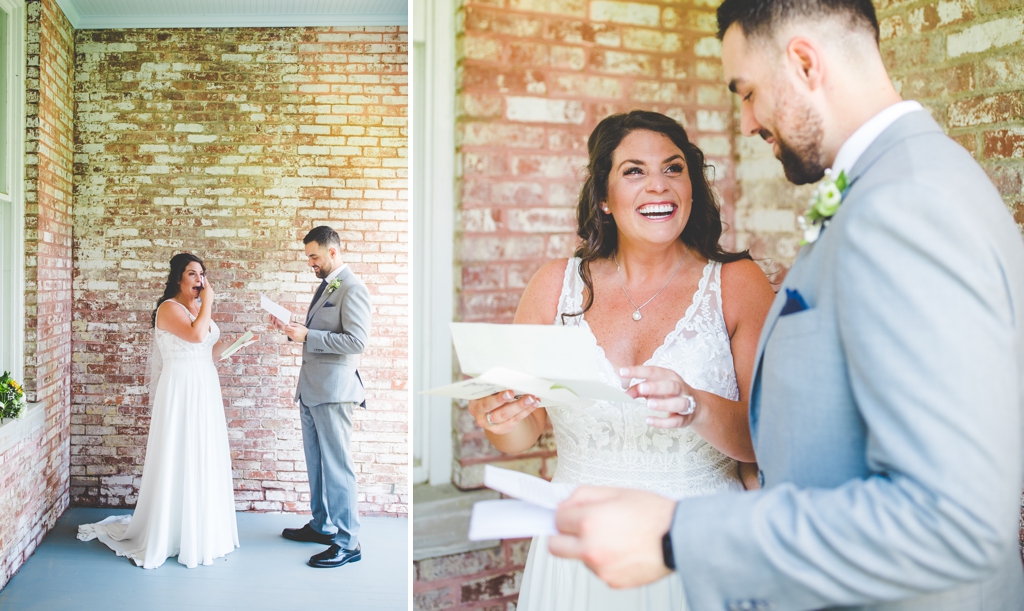 bride and groom read letters on wedding day, happy wedding photos in Fayetteville AR