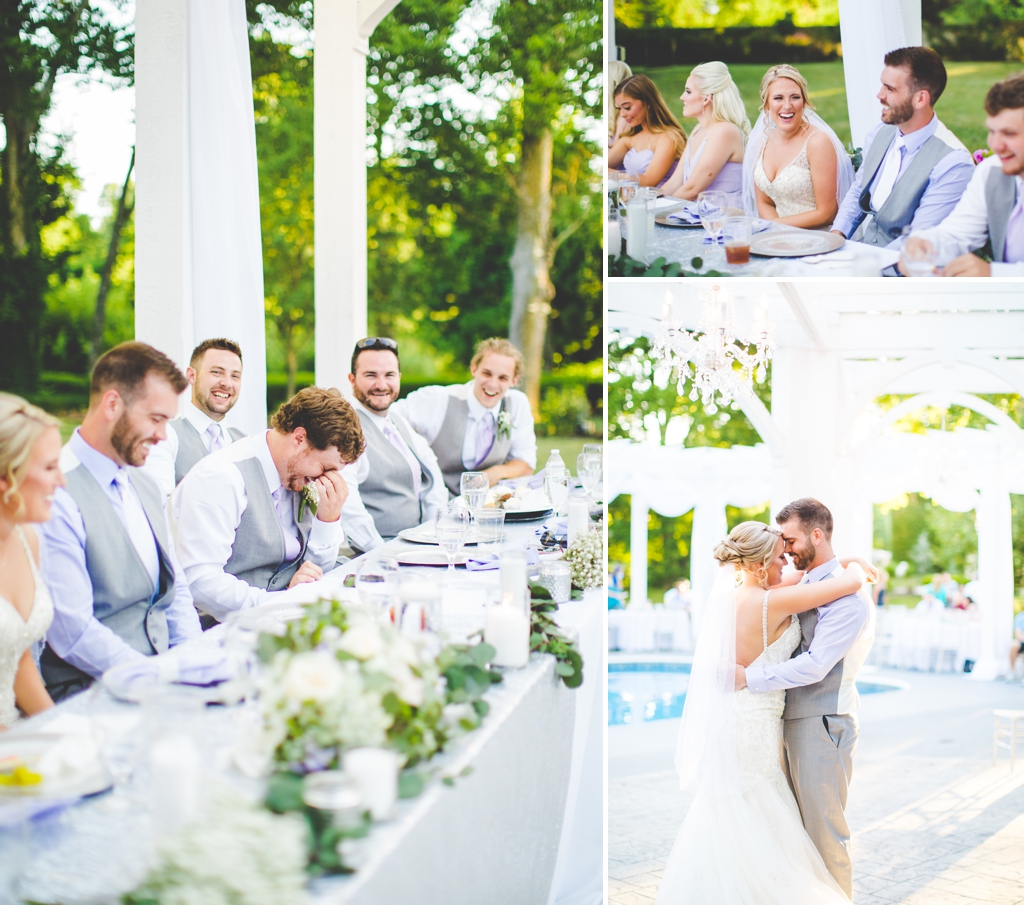 guests laugh at outdoor wedding reception by springfield wedding photographer
