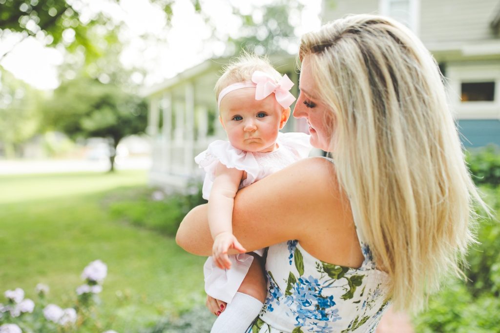 outdoor summer family photographs of mom and baby girl in backyard, Northwest Arkansas family photographer