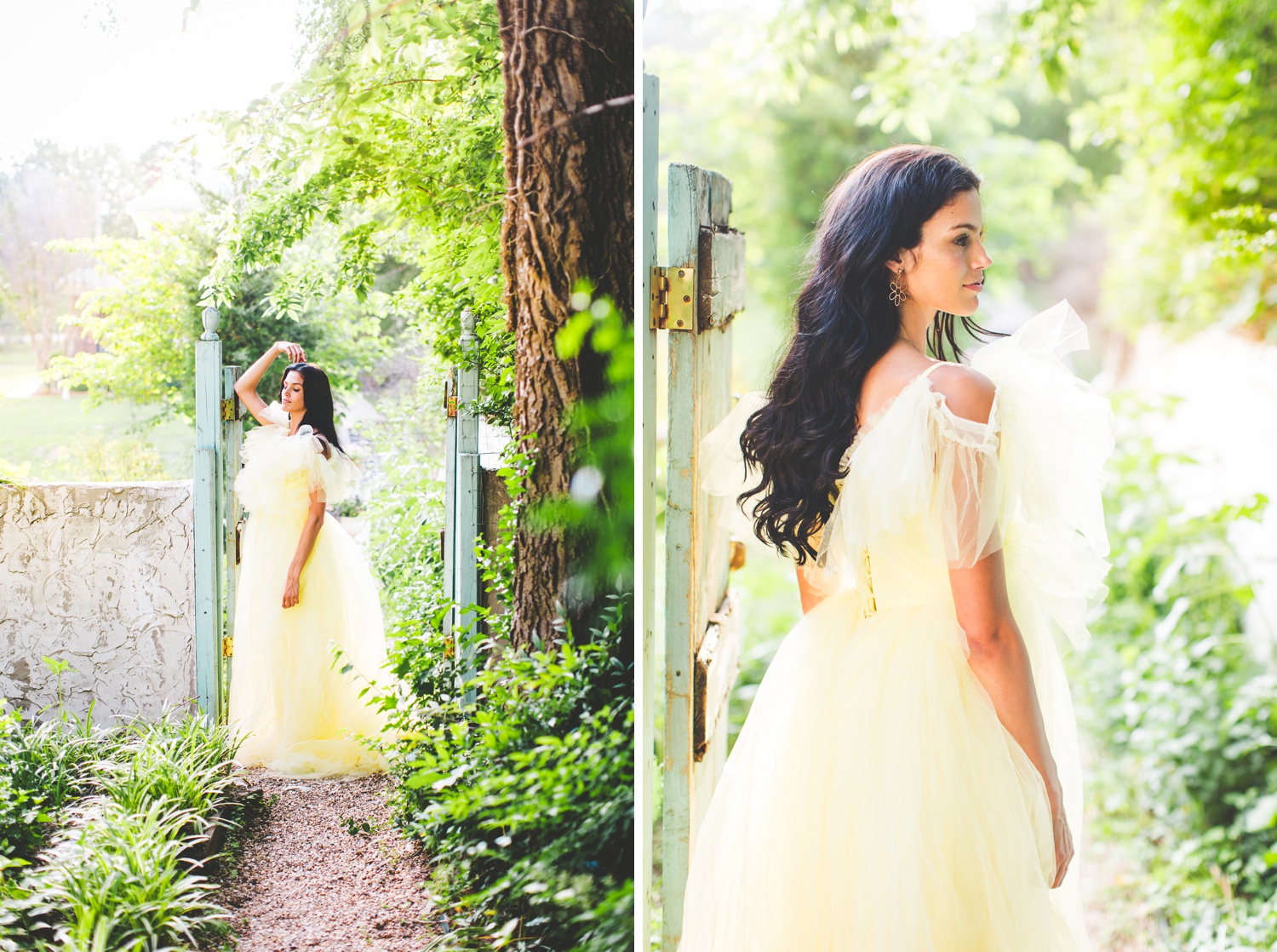 Colorful Wedding Photography in Tulsa: Bride in Garden Gate Wearing Yellow Dress
