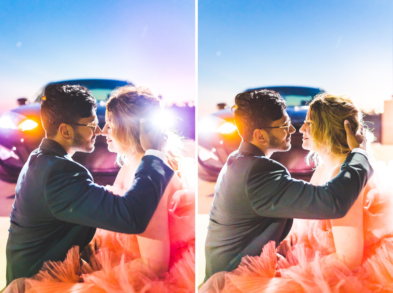 night time bride and groom photographs with colorful light by fayetteville wedding photographer 