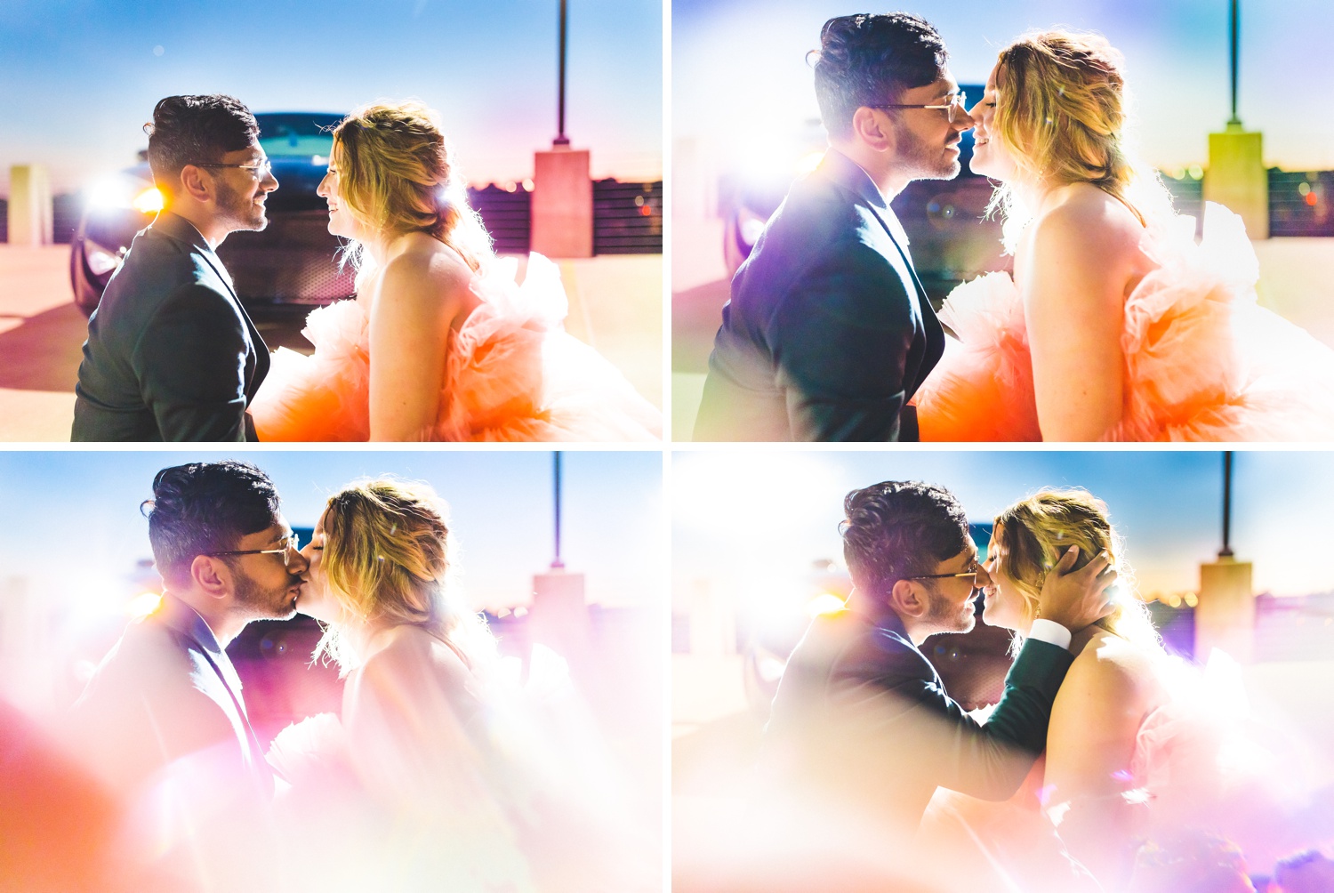 night time bride and groom photographs with colorful light by fayetteville wedding photographer 