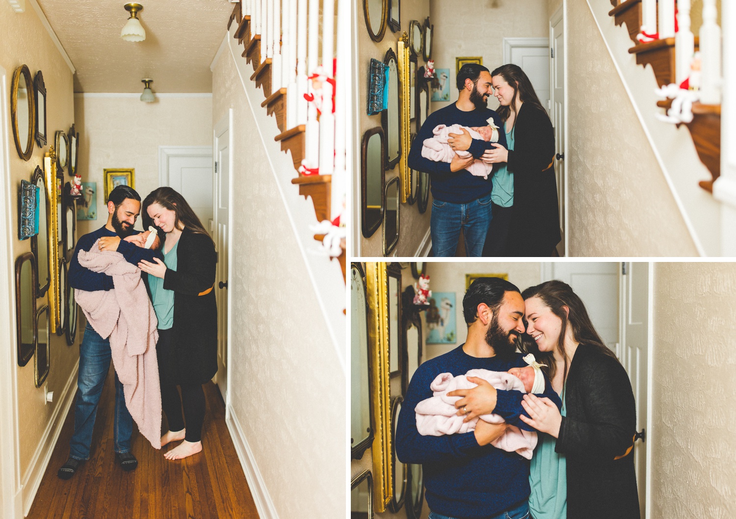 newborn family photographs taken in hallway 