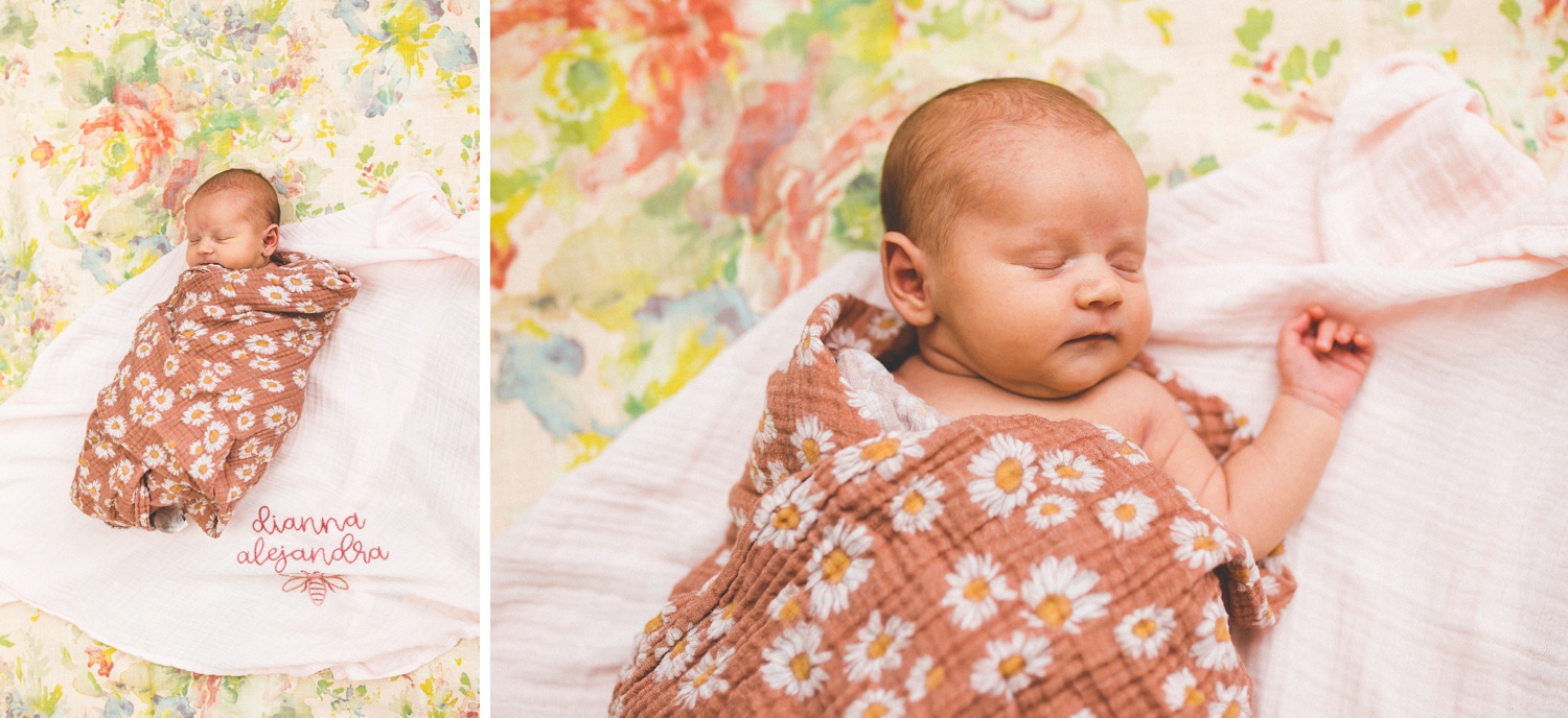 baby girl newborn photographs with floral blankets 