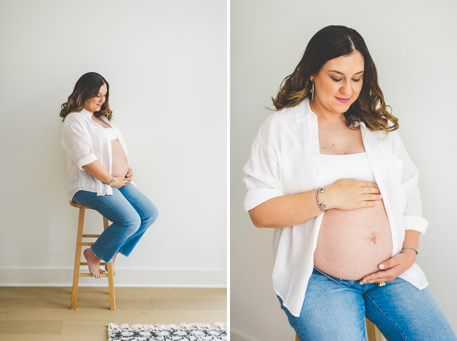 in home maternity photographs of pregnant mom wearing white button down