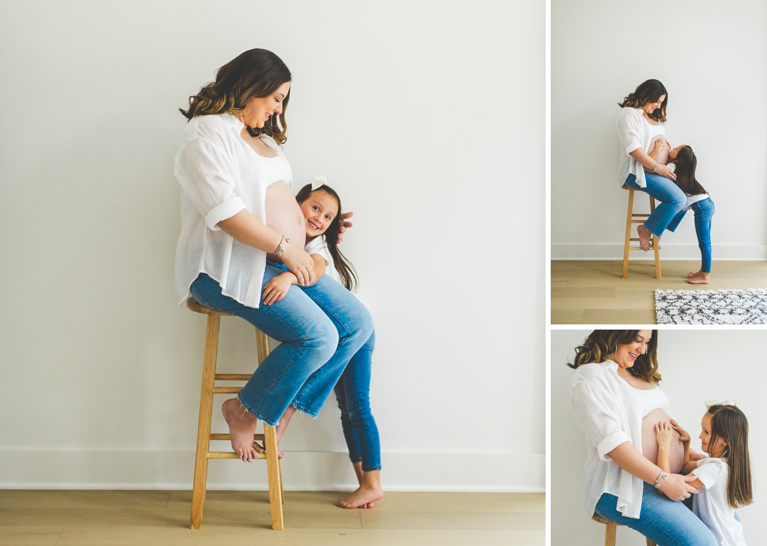 in home maternity photographs of pregnant mom wearing white button down