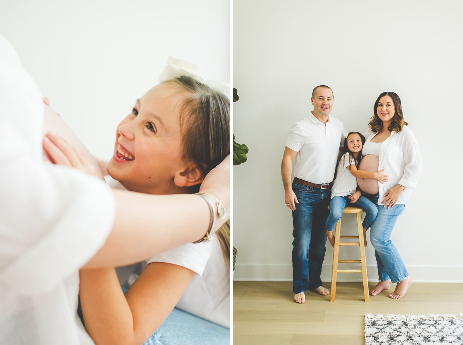 in home maternity photographs of pregnant mom wearing white button down