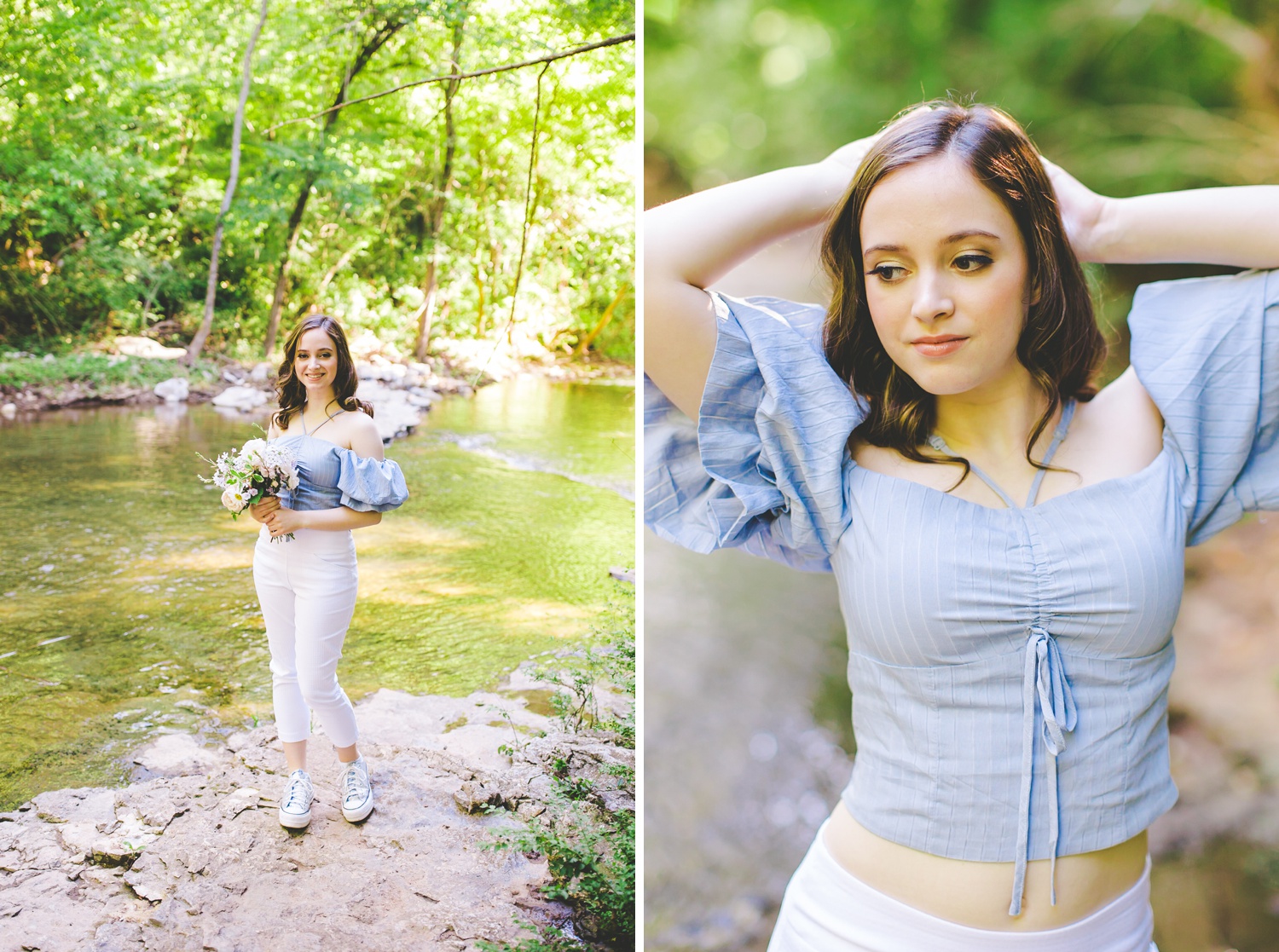 senior photographs at the creek with senior holding flowers