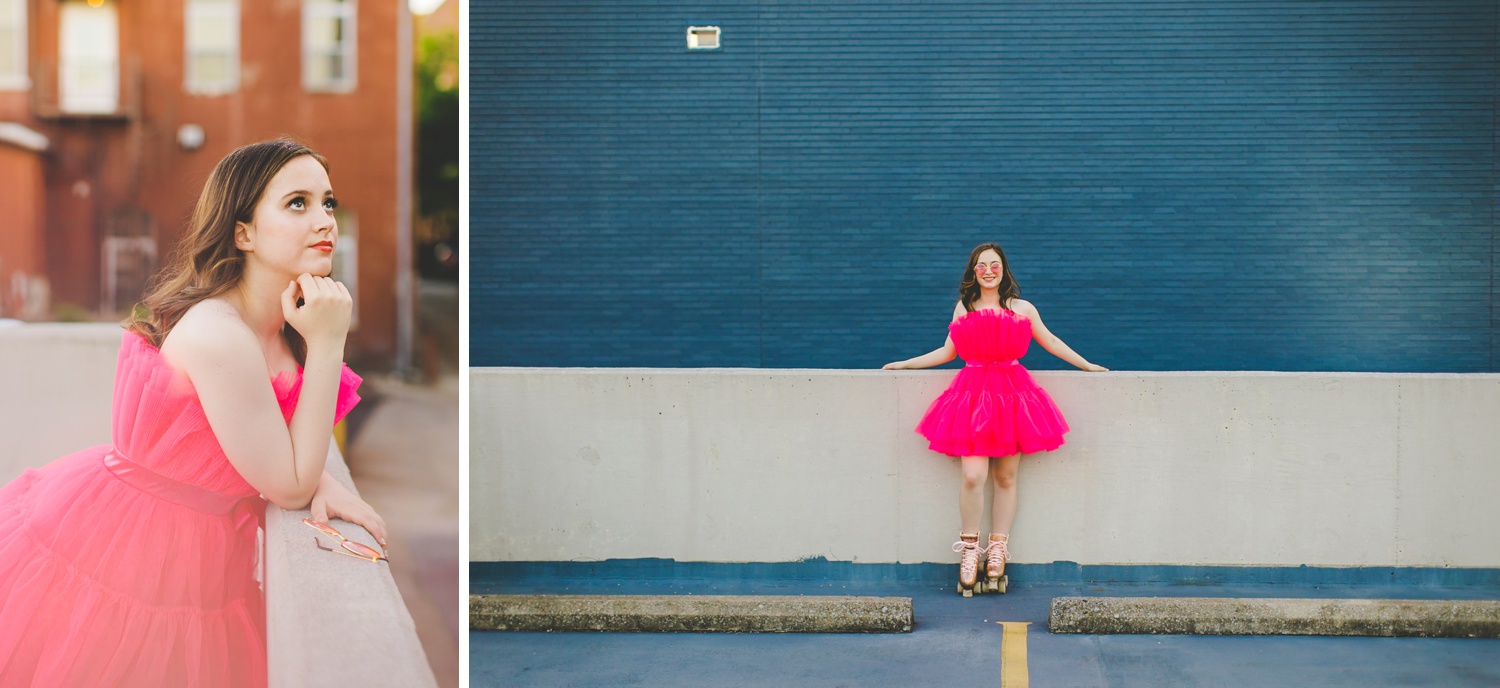 high school senior photographs with hot pink dress