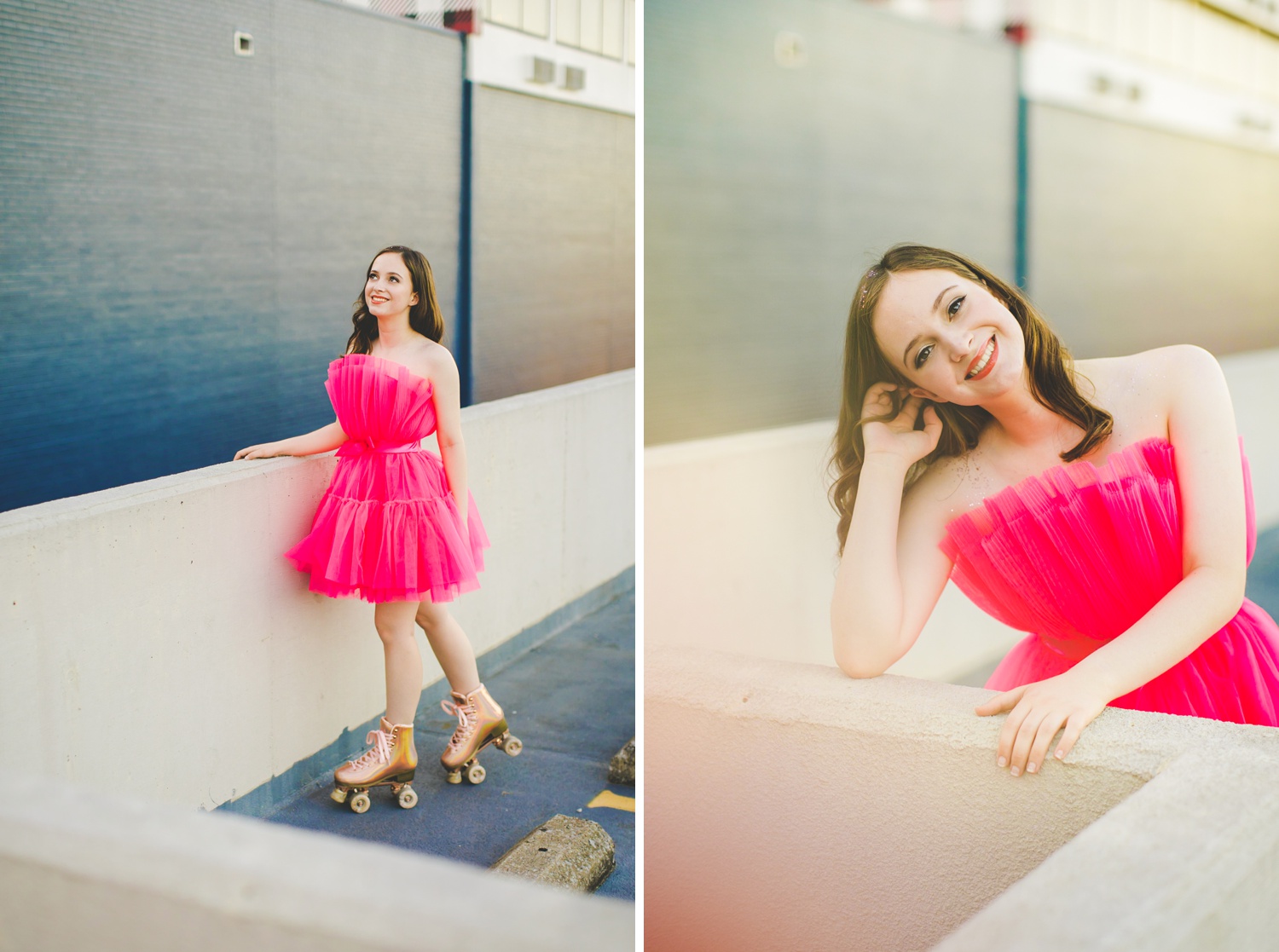 high school senior photographs with hot pink dress