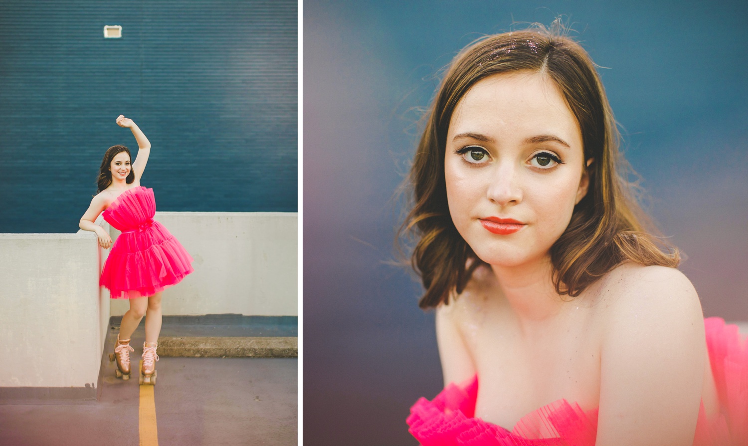 high school senior photographs with hot pink dress