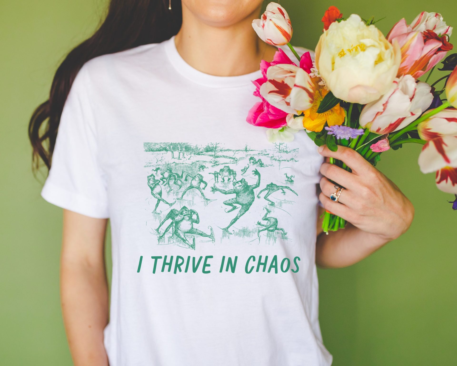 Learning Print on Demand SEO, Mockup Photo of Print on Demand Bella Canvas 3001 Shirt and Tulips 