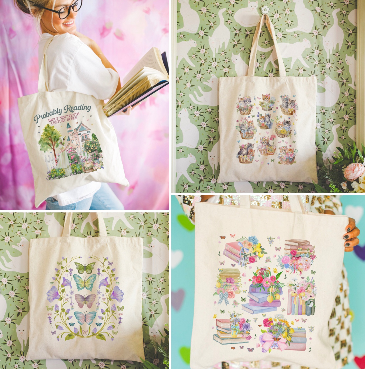 Girly Aesthetic Book Lover Tote Bags