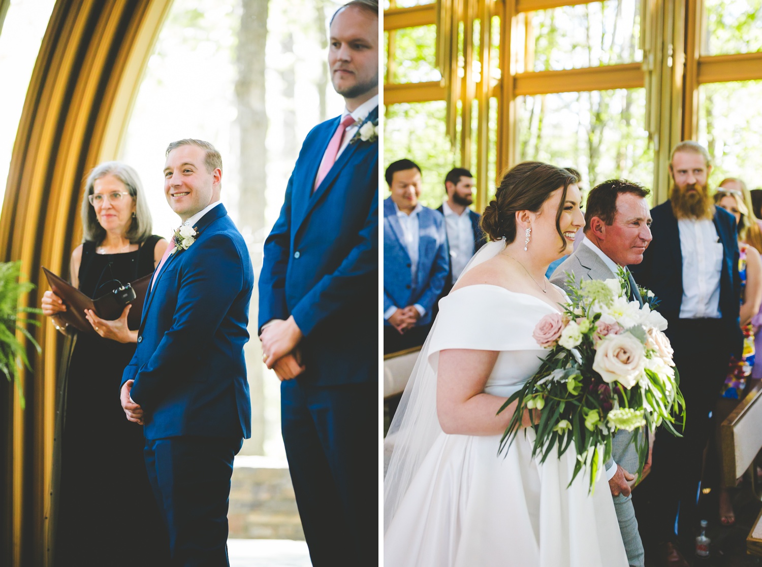 Bride Walks Down Aisle at Cooper Chapel Glass Chapel in Arkansas 