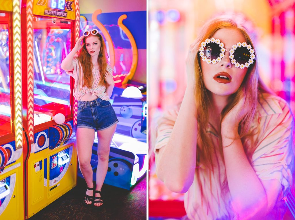 senior photographs taken in an arcade