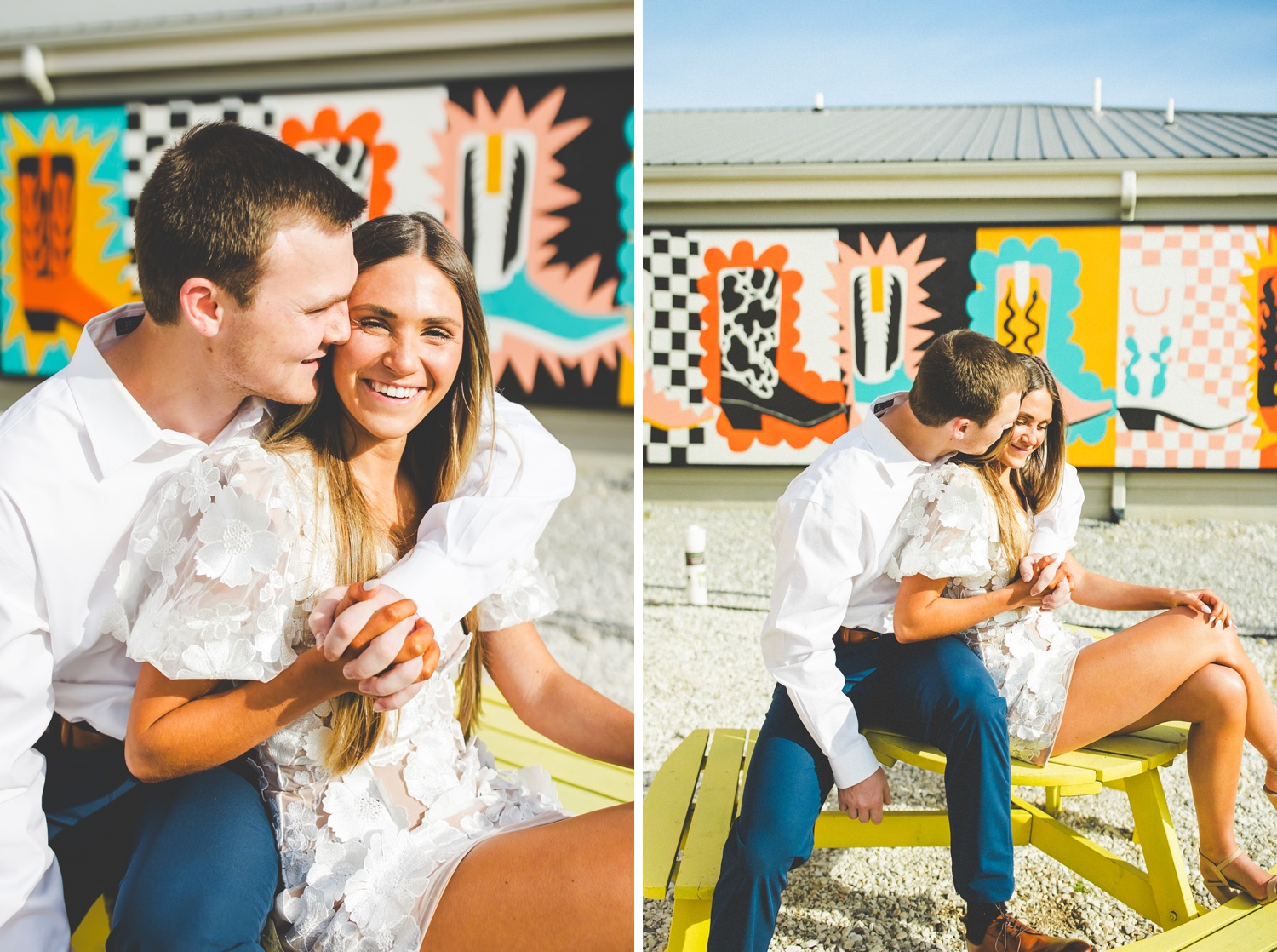 Cute Engagement Photographs in Front of Mural