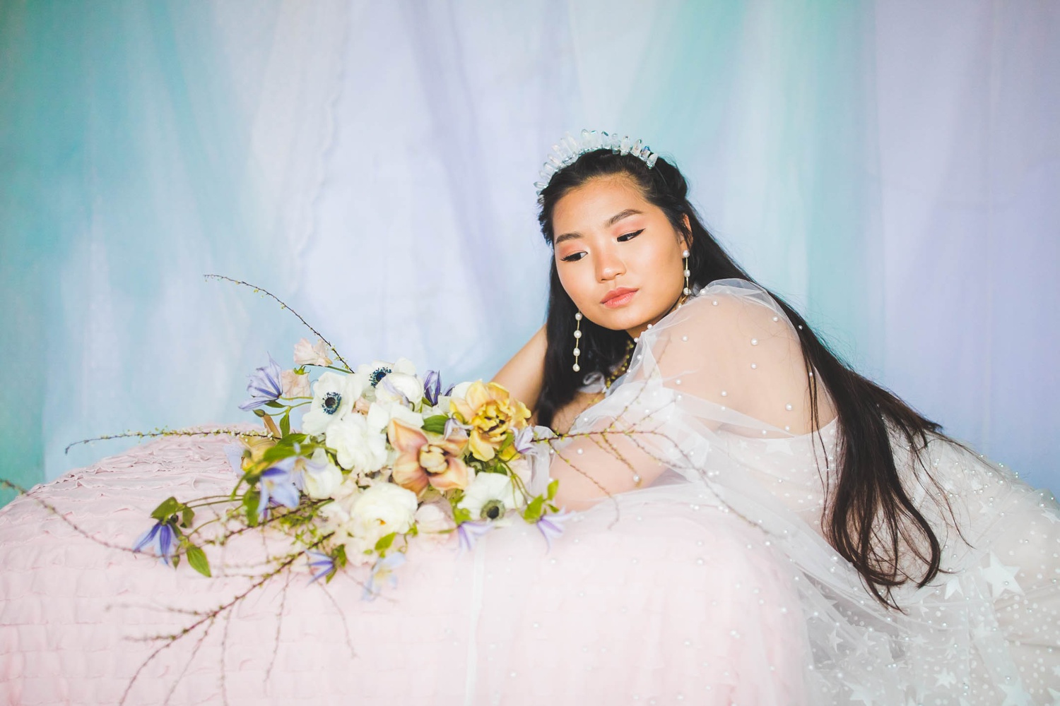 bride with loose long hair, dreamy wedding photos in arkansas 