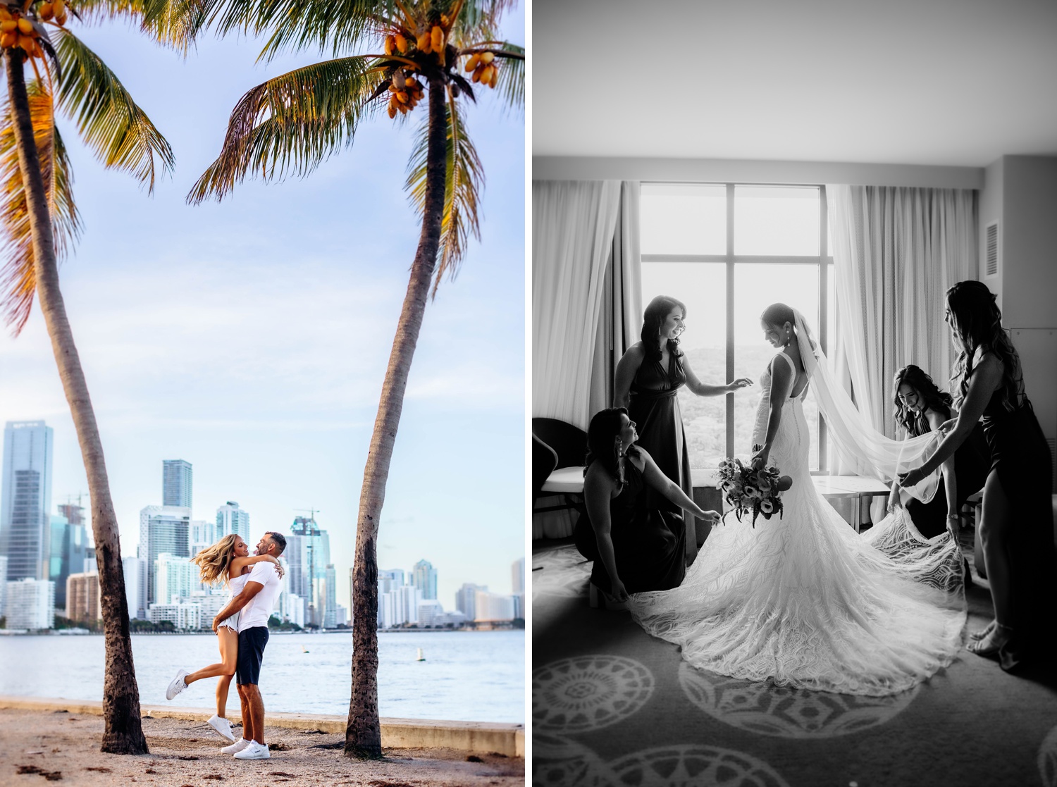 Engagement Photo in Palm Trees and Black and White Bridal Getting Ready Photo 