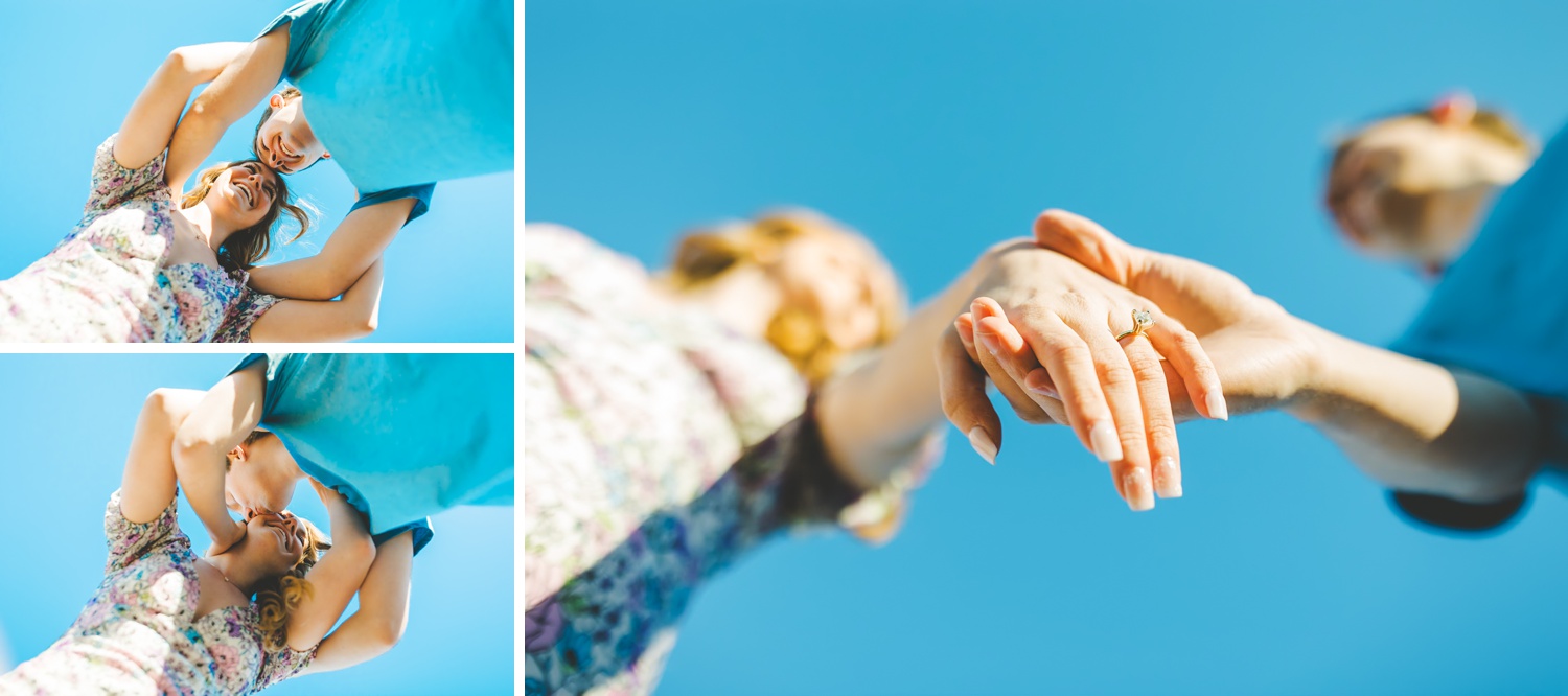 Unique Engagement Photographs with Blue Sky