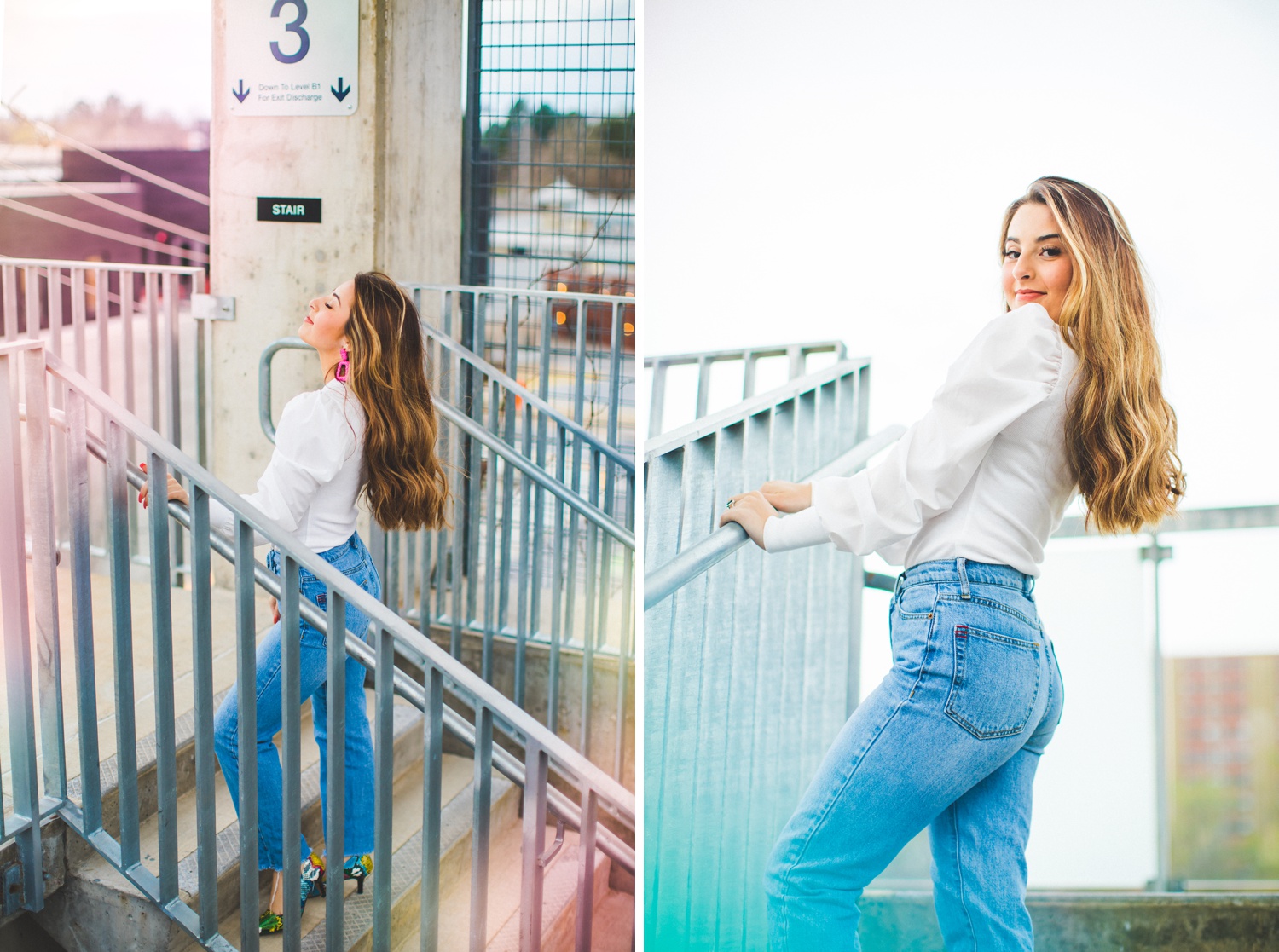 cute senior pictures in parking garage with 90s vibe