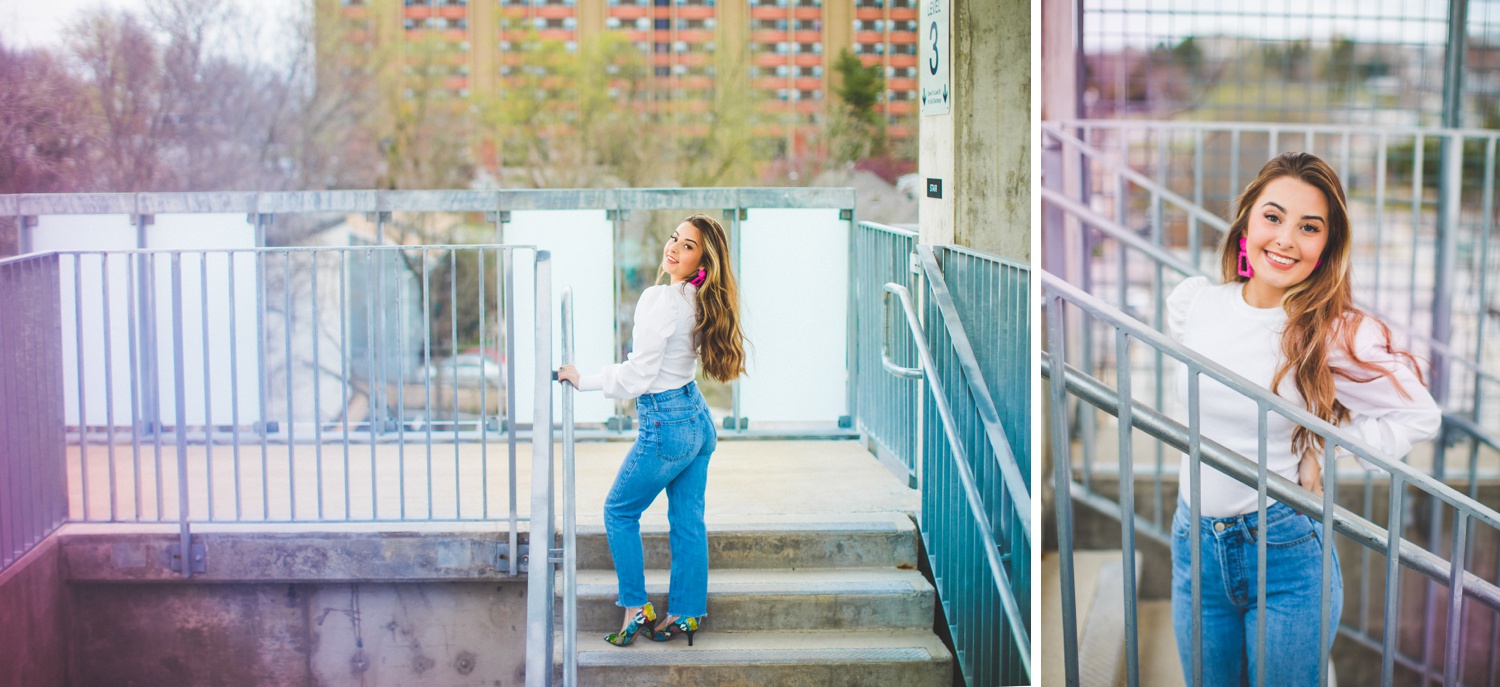 cute senior pictures in parking garage with 90s vibe