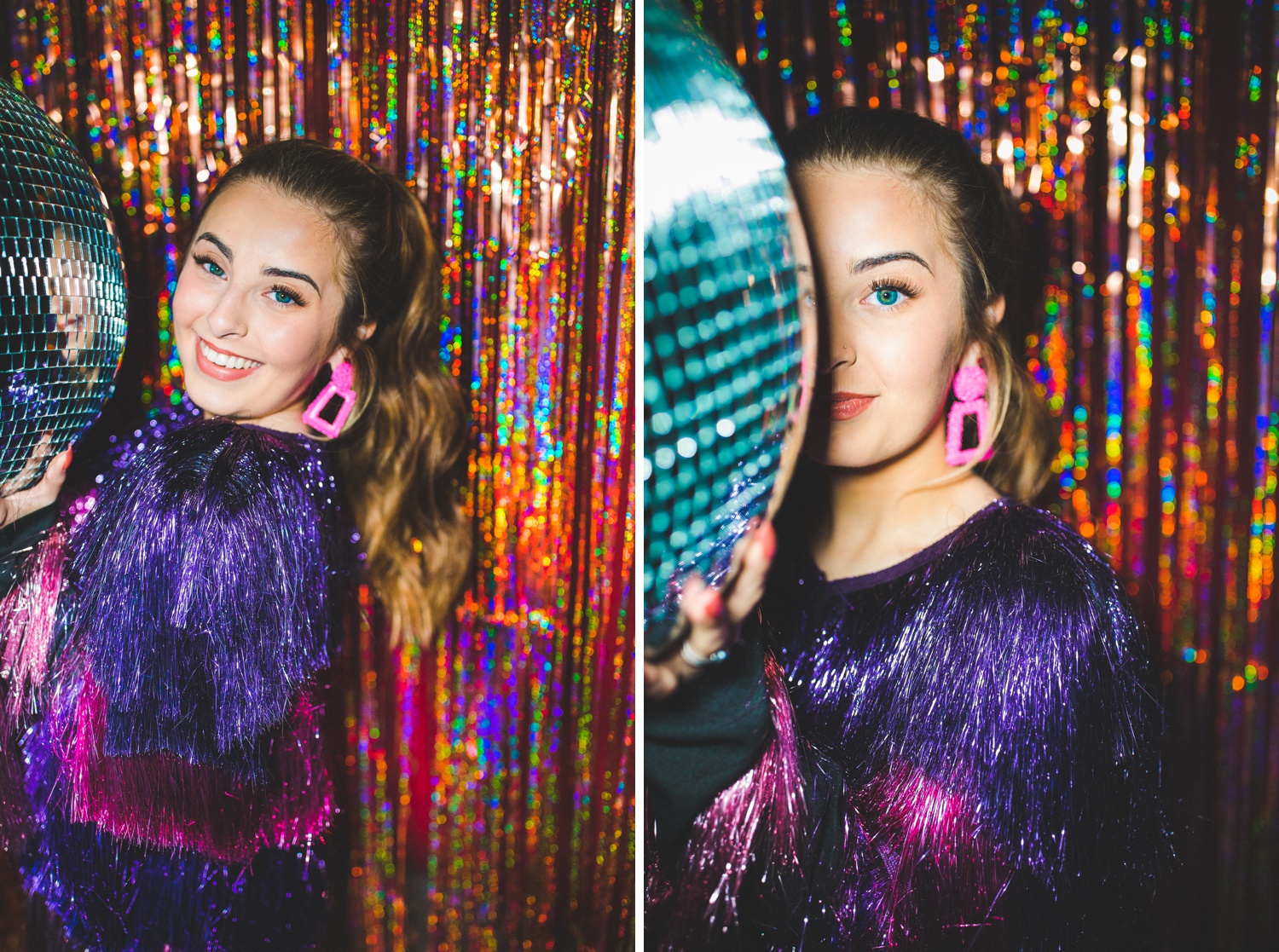 colorful senior photographs with tinsel, Northwest Arkansas senior photographer 
