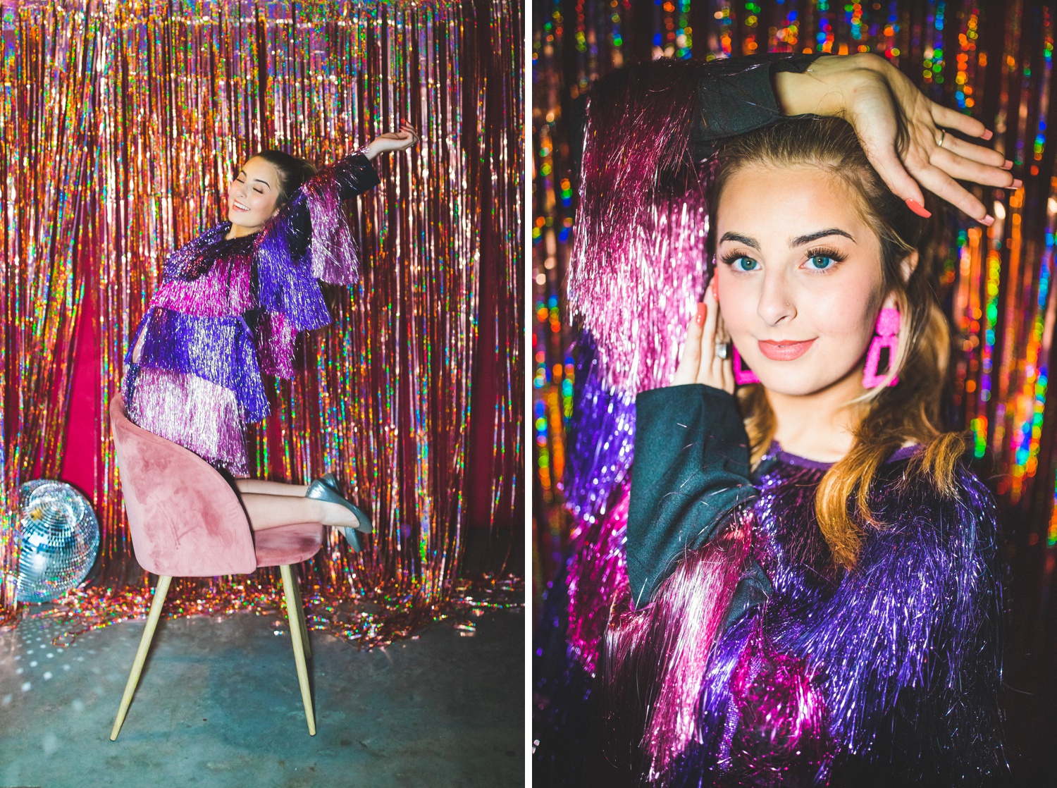 colorful senior photographs with tinsel, Northwest Arkansas senior photographer, studio senior photos