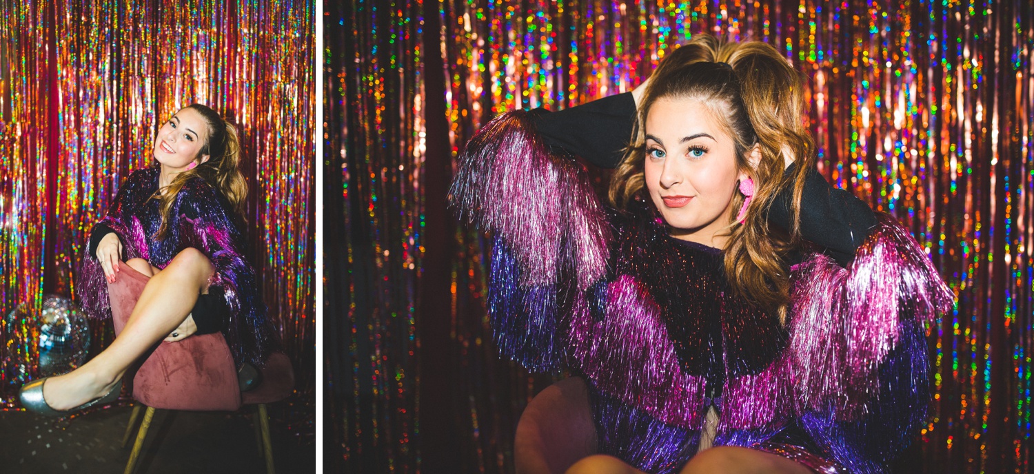 colorful senior photographs with tinsel, Northwest Arkansas senior photographer, studio senior photos