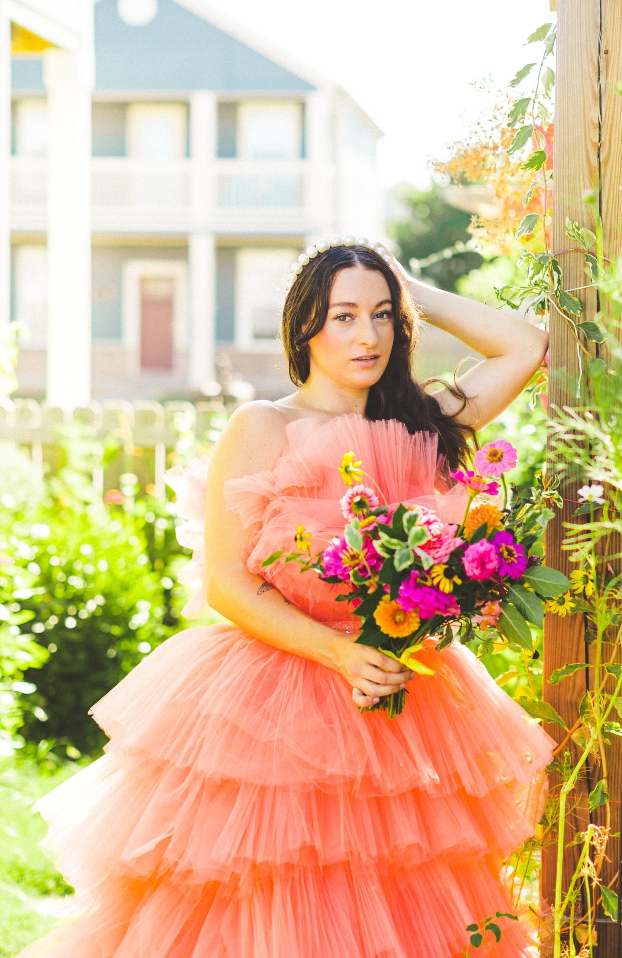 Maximalist Coral Wedding Gown with Ruffles 