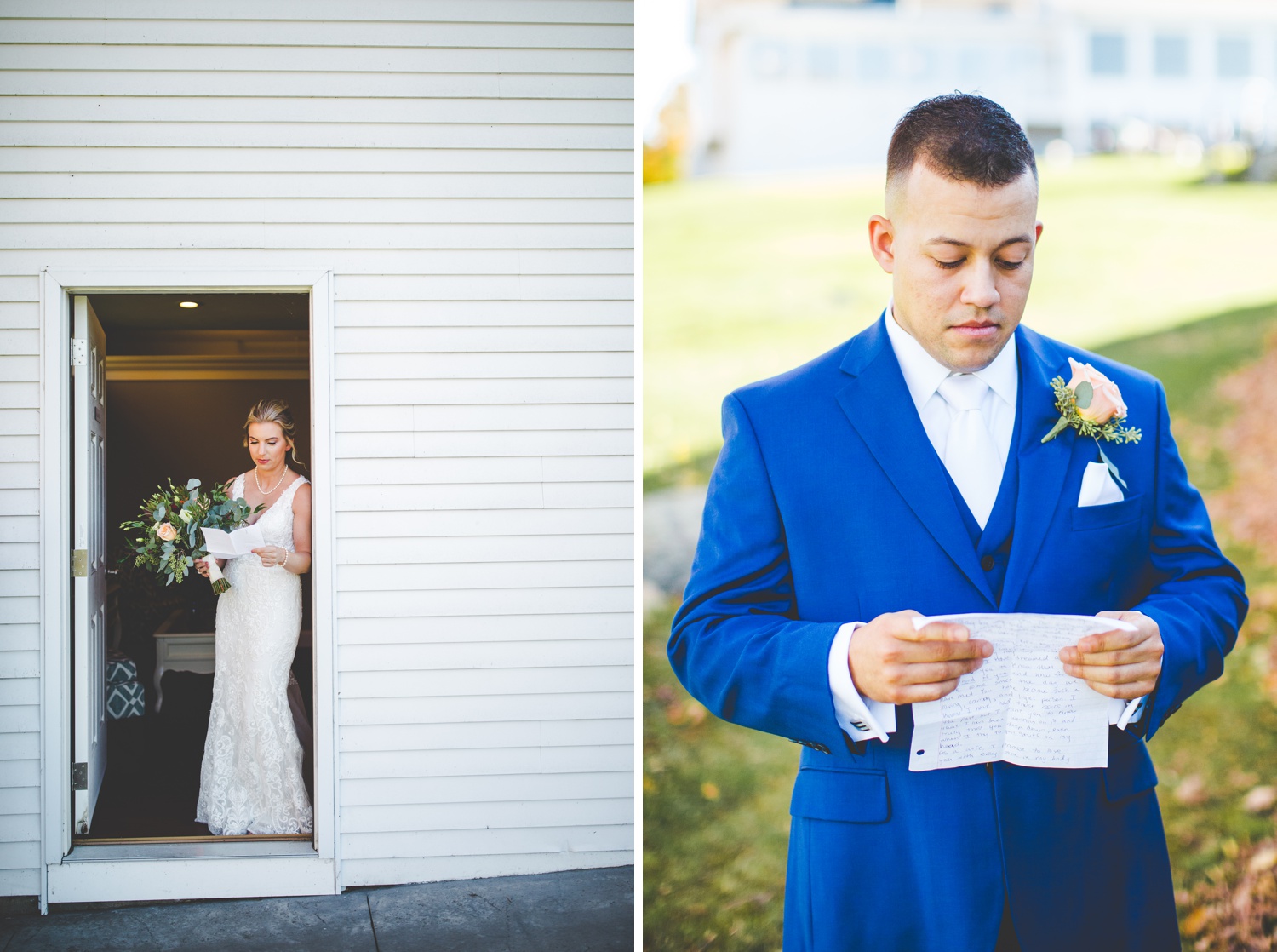 Bride and Groom Reading Letters Before Wedding, Colorful Wedding Photos