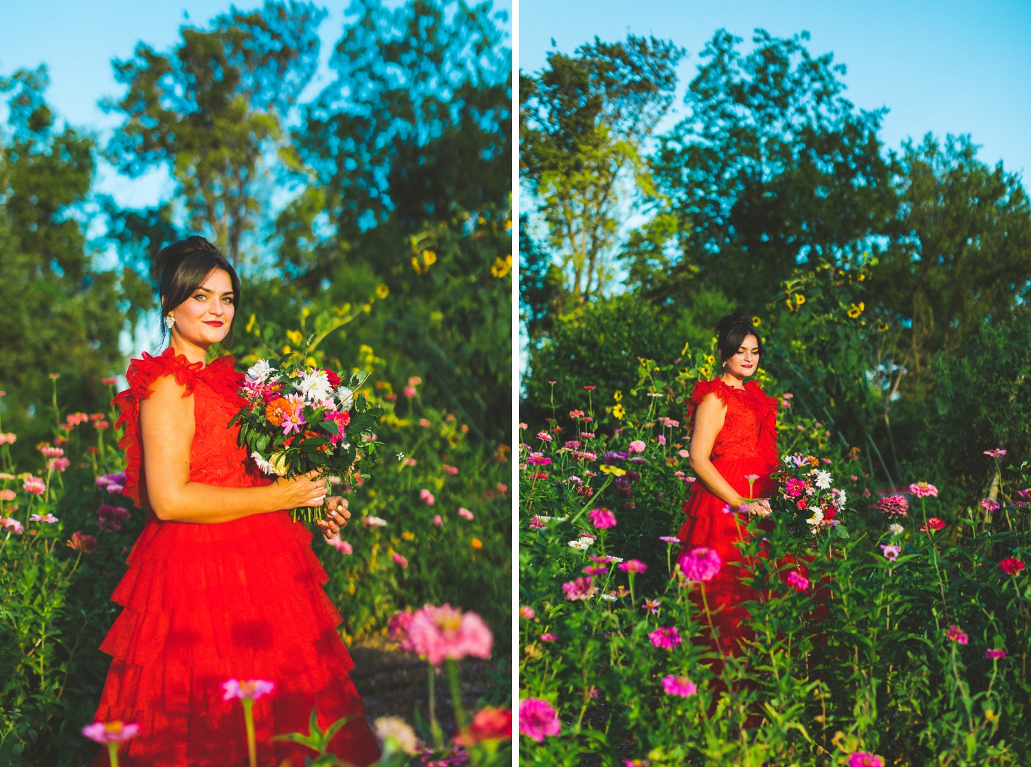 red wedding dress in garden wedding setting 