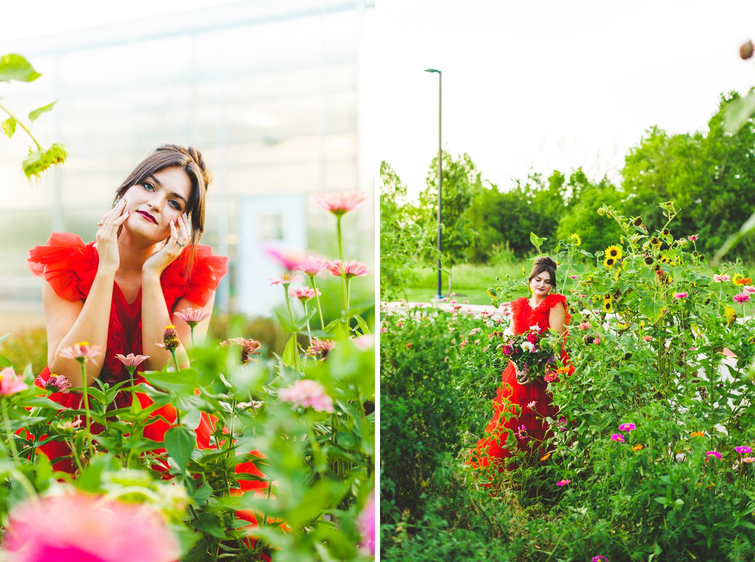 red wedding dress in garden wedding setting 