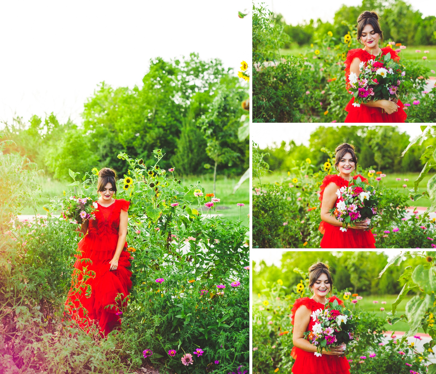 red wedding dress in garden wedding setting 