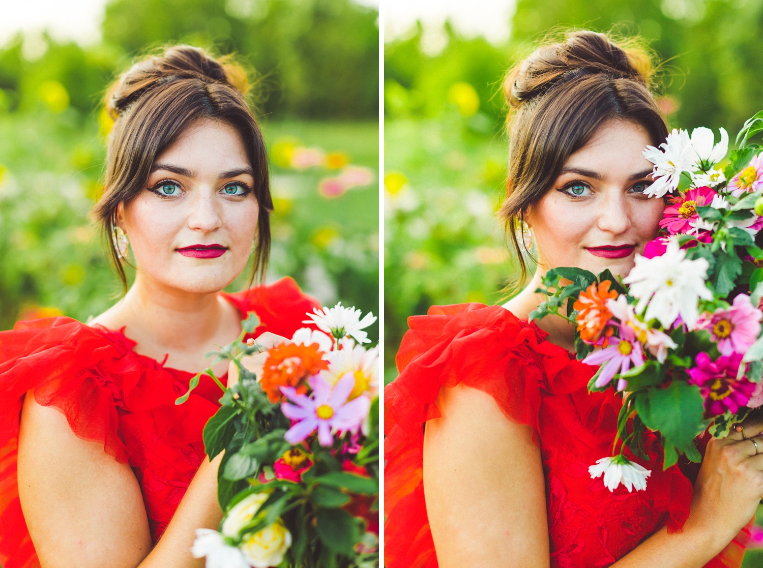 red wedding dress in garden wedding setting 
