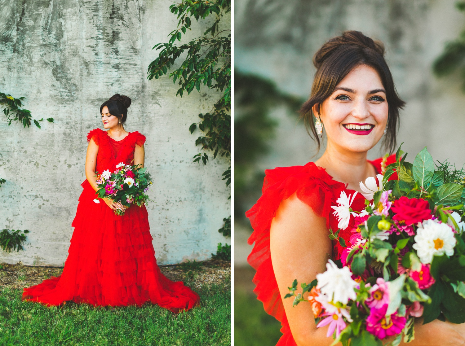 red wedding dress in garden wedding setting 
