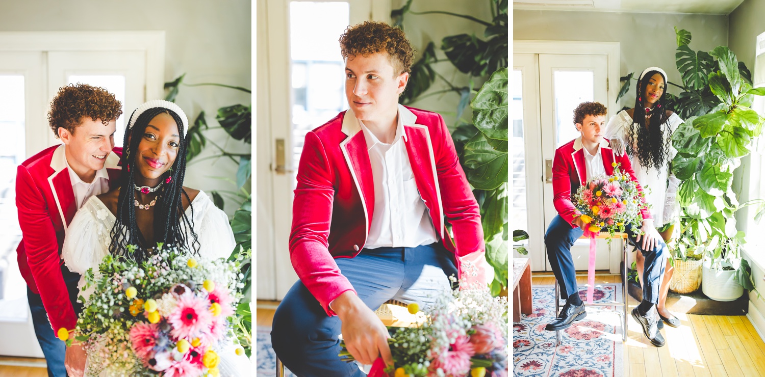 Groom Wearing Hot Pink Velvet Jacket