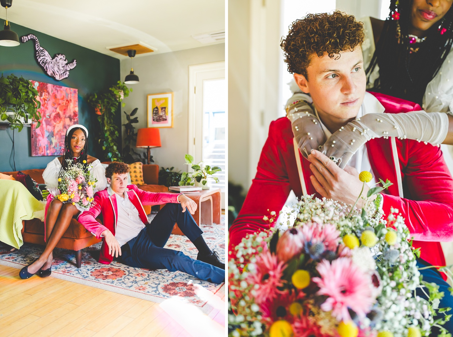 Groom Wearing Hot Pink Velvet Jacket