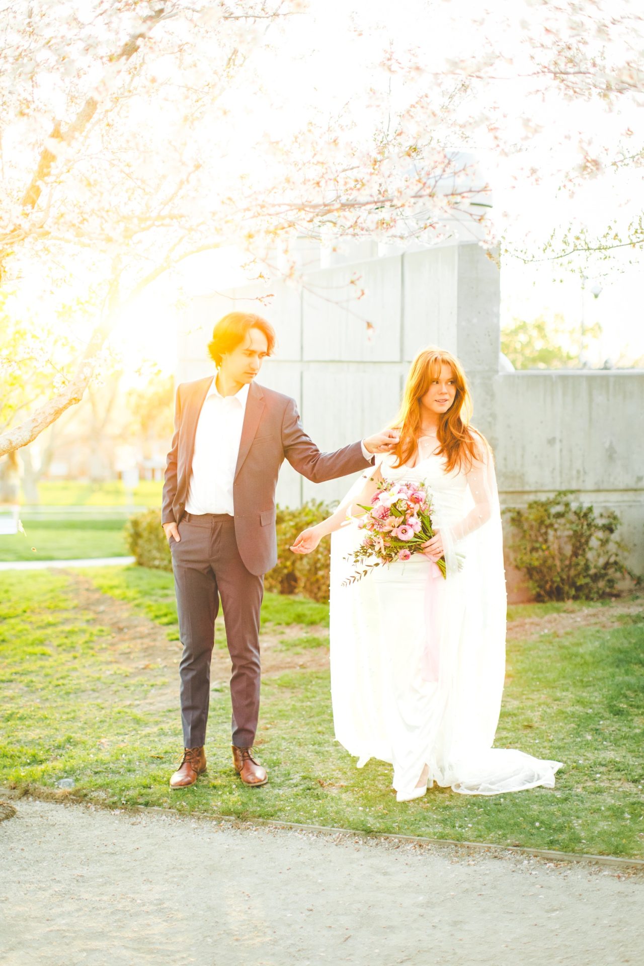 Golden Hour Bridal Portraits in SLC Cherry Blossoms 
